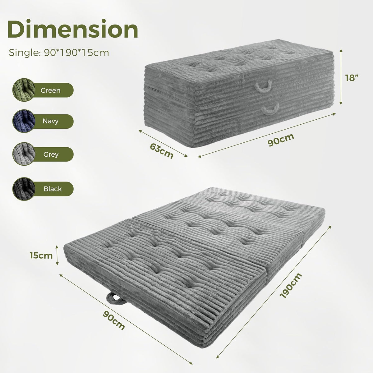 MAXYOYO Opvouwbaar matras 190 * 90 cm, 15 cm gestoffeerd opvouwbaar matras met premium imitatiebont, drievoudig opvouwbare futon slaapbank voor woonkamer/logeerkamer