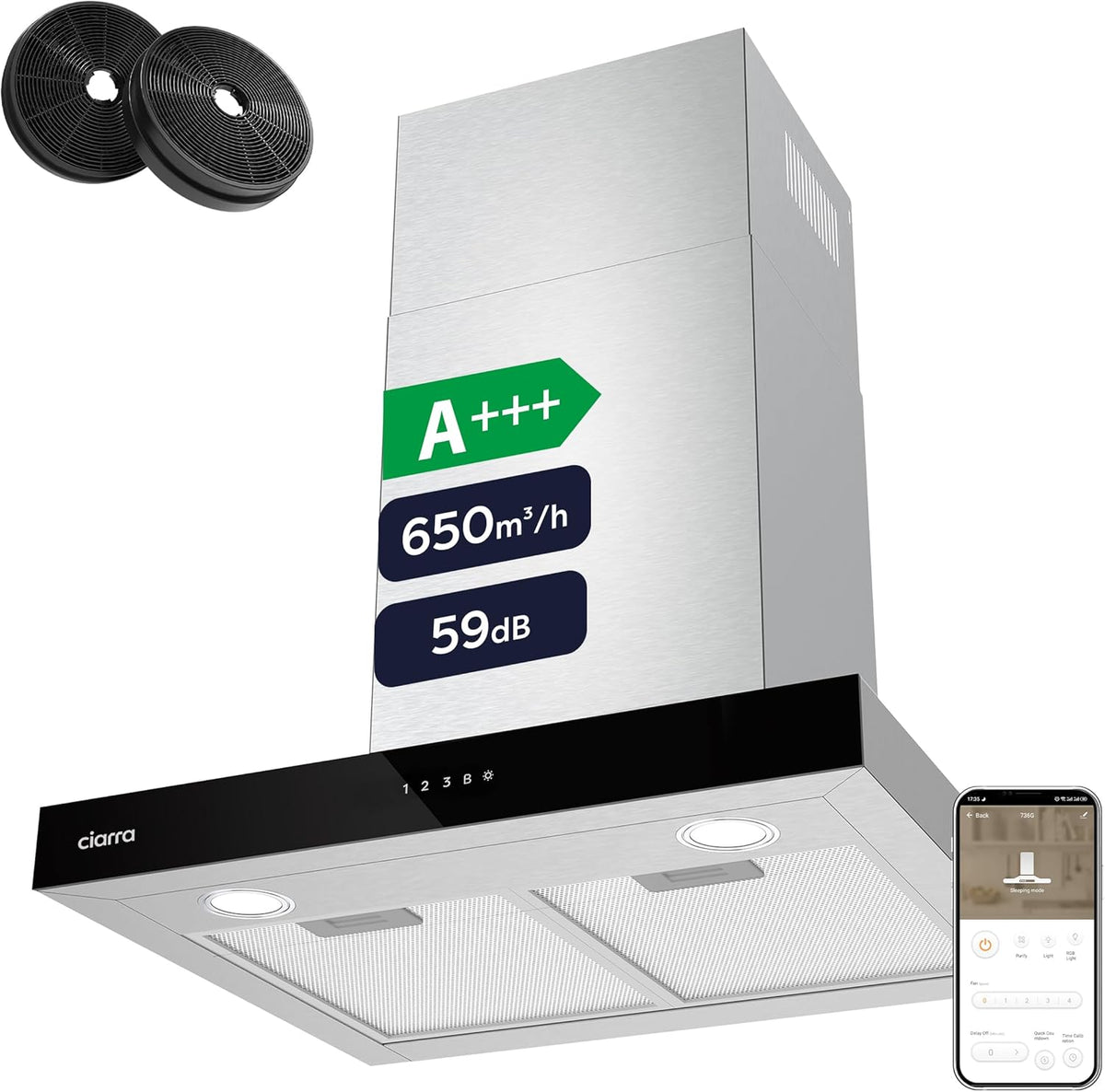 CIARRA CBCS6102 A+++ Afzuigkap 60cm 650 m³/h - Touch Control en Wifi - 4 Snelheden met Booster,afvoerstand en recirculatie afzuigkap met koolstoffilter CBCF003 - Roestvrij Staal