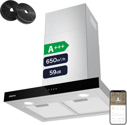 CIARRA CBCS6102 A+++ Afzuigkap 60cm 650 m³/h - Touch Control en Wifi - 4 Snelheden met Booster,afvoerstand en recirculatie afzuigkap met koolstoffilter CBCF003 - Roestvrij Staal