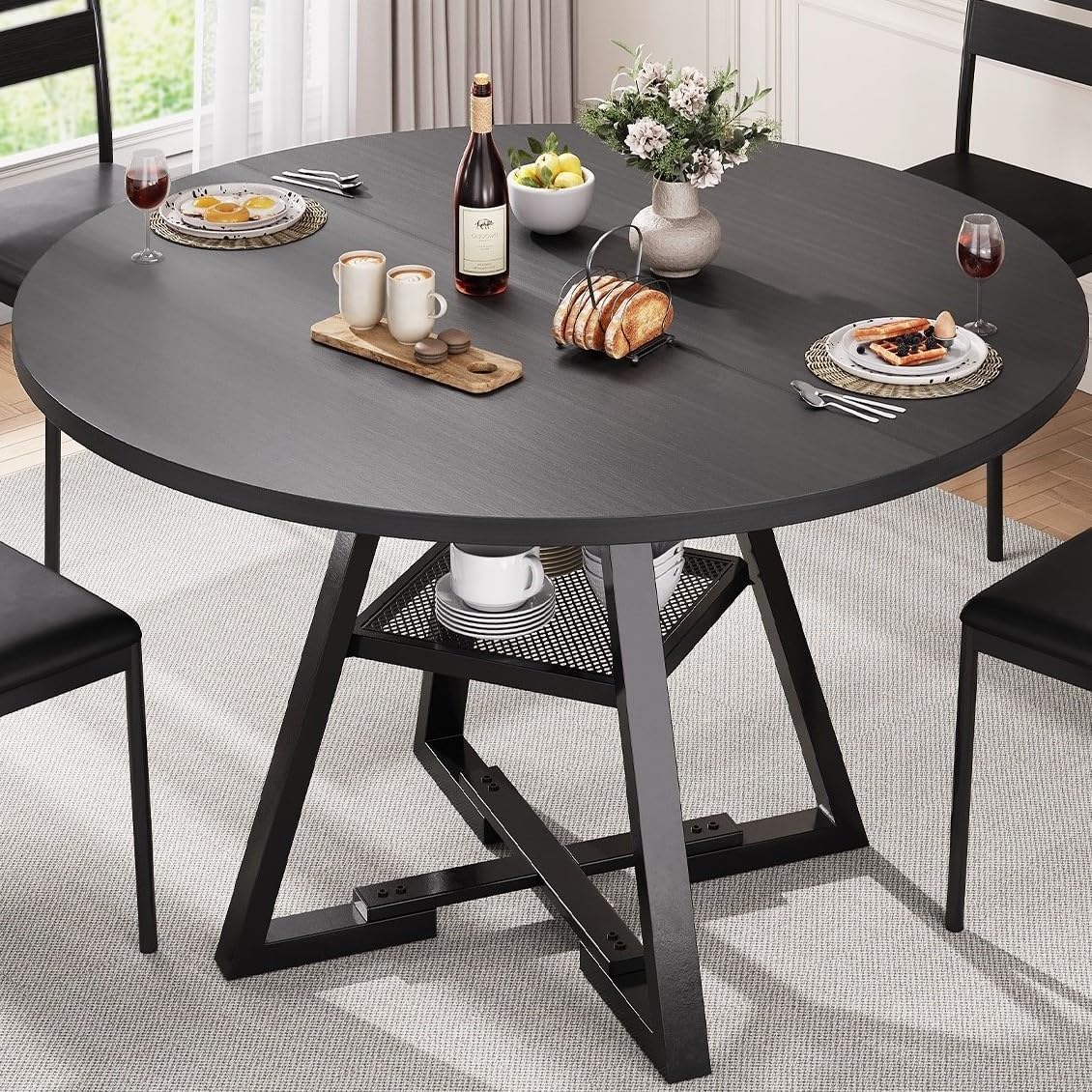Ronde eettafel voor 2-4 personen, cirkel eettafel met planken, ruimtebesparend houten keuken- en eetkamermeubilair (zwart, 42 inch