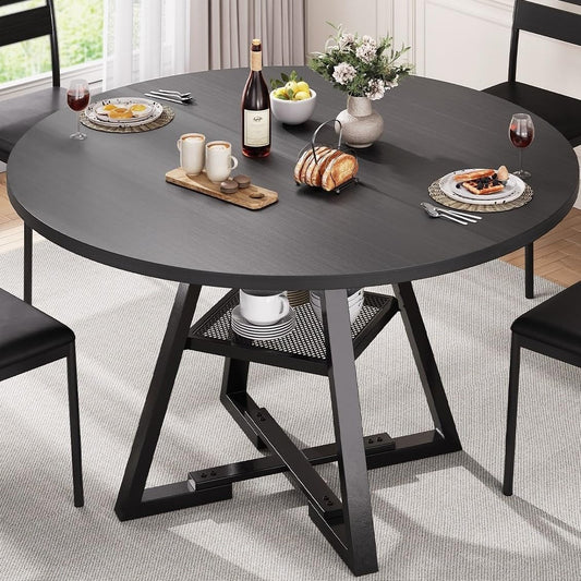 Ronde eettafel voor 2-4 personen, cirkel eettafel met planken, ruimtebesparend houten keuken- en eetkamermeubilair (zwart, 42 inch