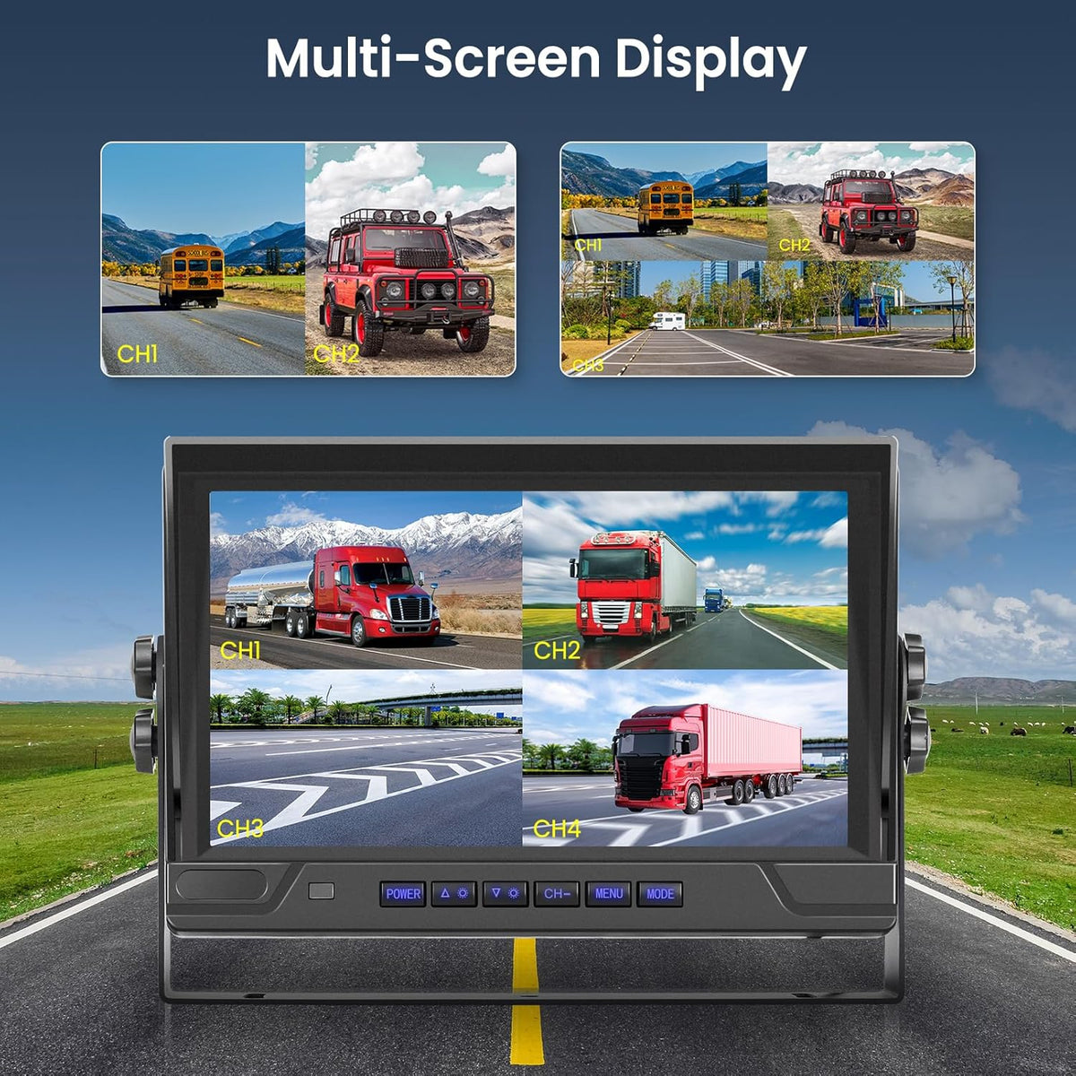 Hodozzy 4 Rear Cameras for 9 Inch 4-Piece Display, Reversing Camera Cable, Walk Recording, IR Night Vision, IP68 Waterproof, for Truck/Trailer (12V-36V) - QUORE