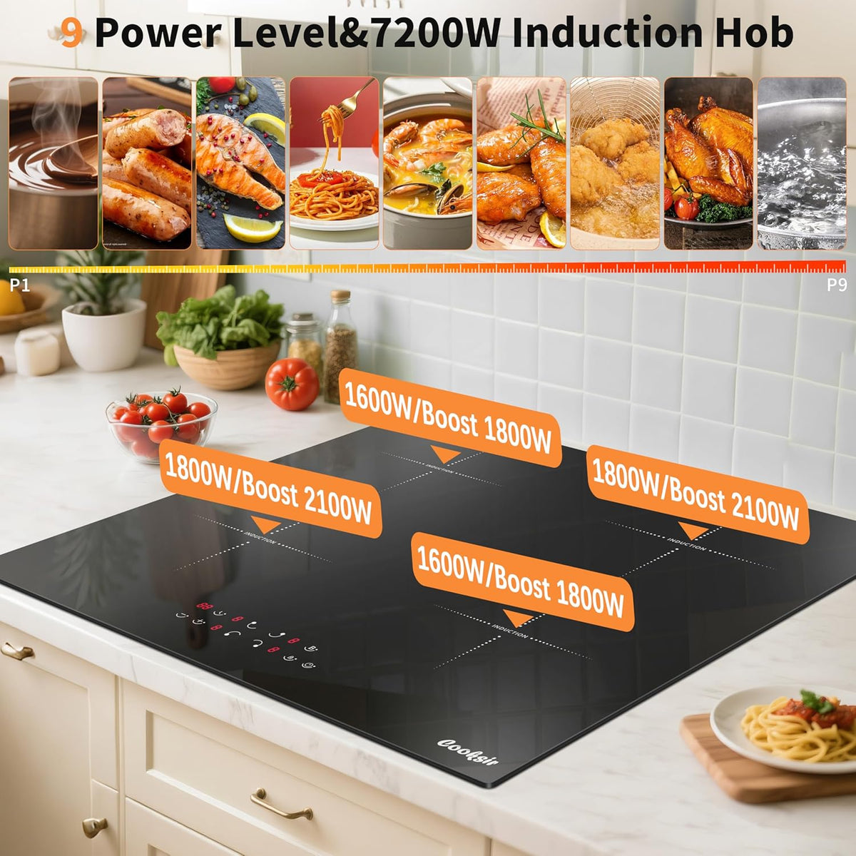Inductiekookplaat, 4 platen, inbouw kookplaat, 60 cm, 7200 W, individuele touch, boost-functie, veiligheidsvergrendeling, timer, geen stekker, 230 V