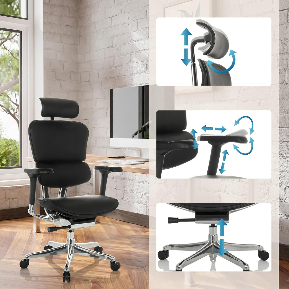 hjh OFFICE Ergonomische Ergohuman Gen2 Bureaustoel, ergonomisch design, bureaustoel met flexibele lendensteun, gevoerde zitting, zwart leer
