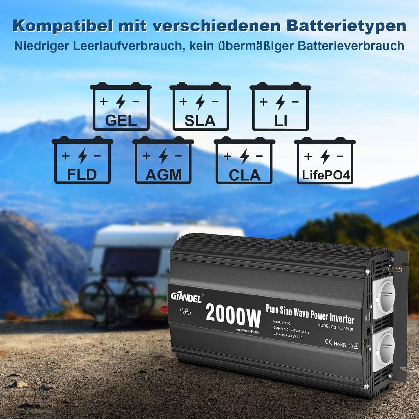 GIANDEL 2000 W omvormer, 12 V naar 230 V, zuivere sinus, auto-spanningsomvormer, compatibel met LifePO4 Power Inverter met afstandsbediening en USB-aansluitingen, voor camper, vrachtwagen, auto,