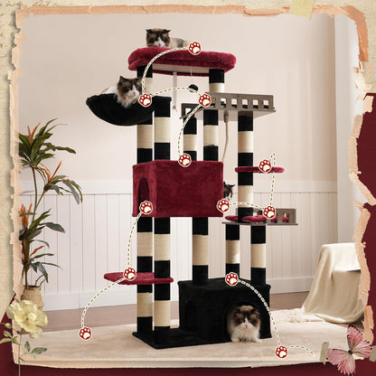 Large Cat Scratching Post for Large Adult Cats, 174 cm Cat Scratching Post with Hammock, 2 Large Sitting Bars, 2 Cat Cavities, 15 Scratching Bars, Black and Red GCT033BR - QUORE