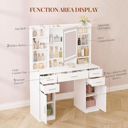 108cm Dressing Table with Mirror, Dressing Table with 3 Color LED Lighting, Makeup Desk with Hidden Shelves, 5 Drawers, 2 Cabinets and 9 Open Shelves, For Bedroom, White - QUORE