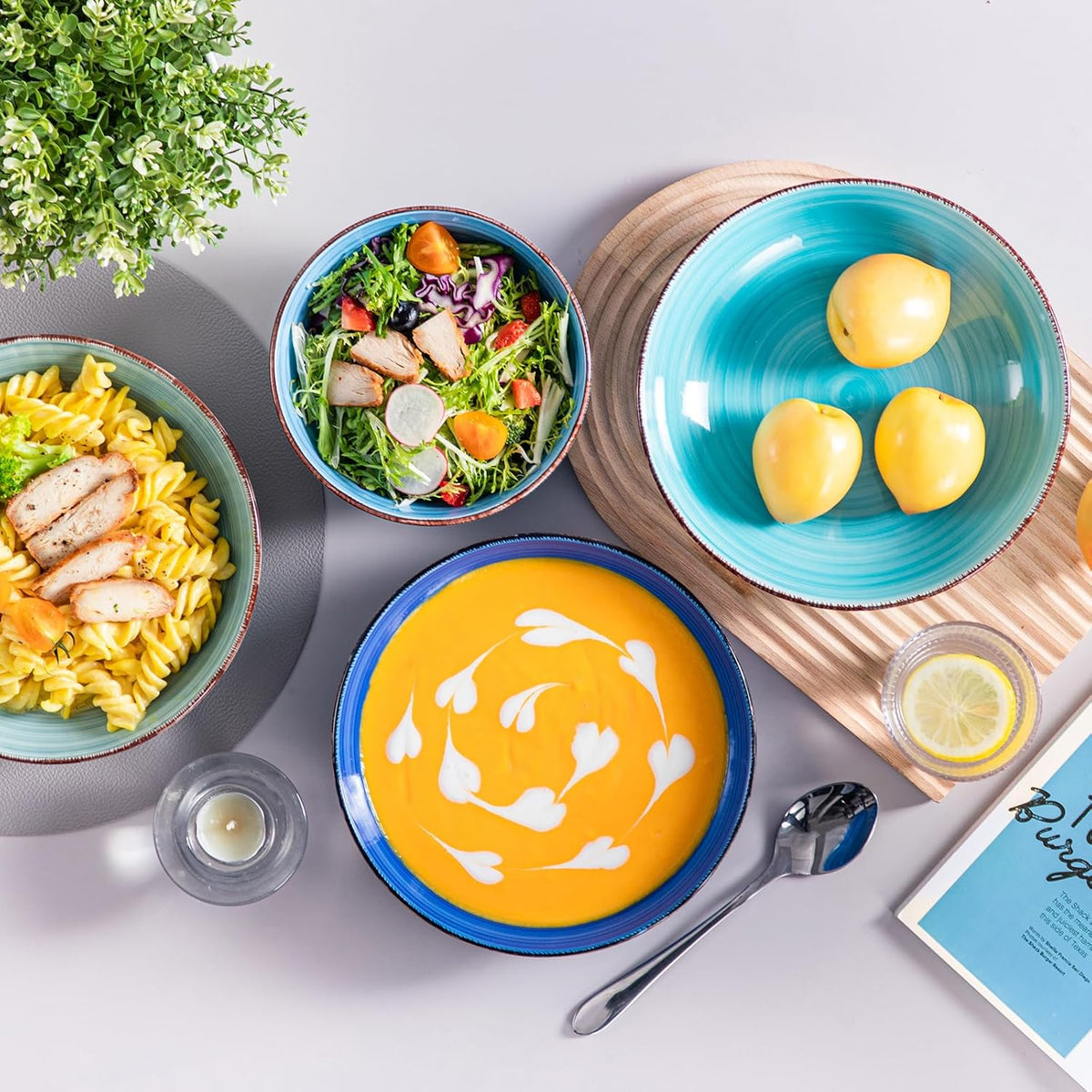 vancasso Bonita Blauwe Dinerset, 24-delig dinerservies voor 6 personen, handbeschilderde draaiende borden en kommen in moderne stijl, inclusief dinerborden, dessertborden, pastakommen en ontbijtkommen