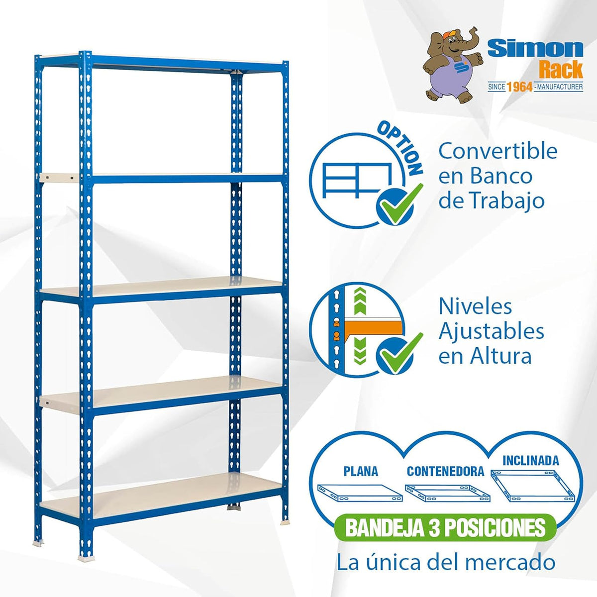 Simon Rack Stellingkast Metaal, 2000x1000x500 mm, Buigpunt 180, 5 Verstelbare Niveaus, Metalen Planken, Robuust Opslagrek voor Garage, Kelder en Werkplaats, Blauw/Wit – SimonClick