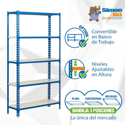 Simon Rack Stellingkast Metaal, 2000x1000x500 mm, Buigpunt 180, 5 Verstelbare Niveaus, Metalen Planken, Robuust Opslagrek voor Garage, Kelder en Werkplaats, Blauw/Wit – SimonClick