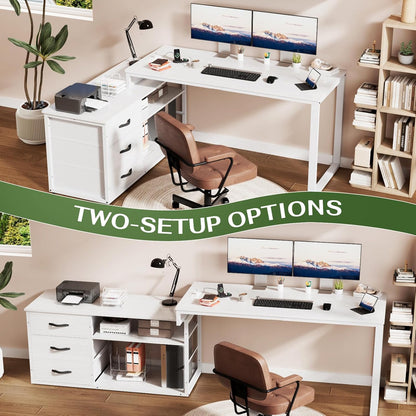 JUMMICO Hoekbureau met 3 laden, omkeerbaar L-vormige computerbureau 140x105cm met extra opbergruimte, bureaus met stopcontact, verstelbare scheidingshoogte, wit