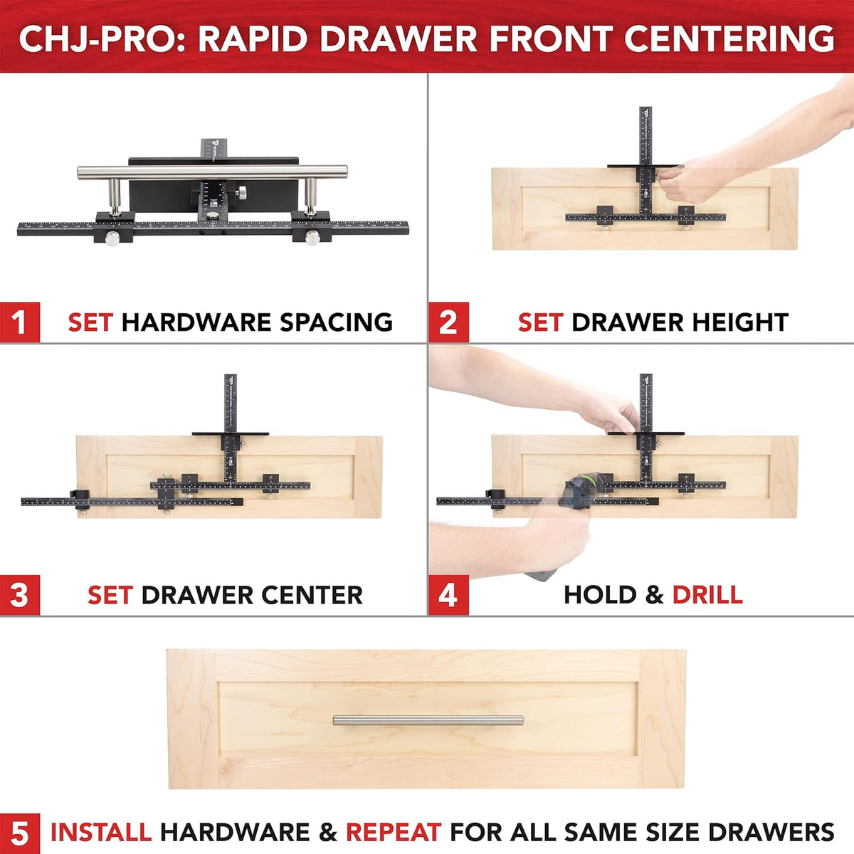 True Position Tools Originele cabinet hardware jig met verlengde liniaal voor Rapid Drawer Centering - verstelbare boorgids voor installatie van deur- en ladeknoppen en handgrepen TP-1934E