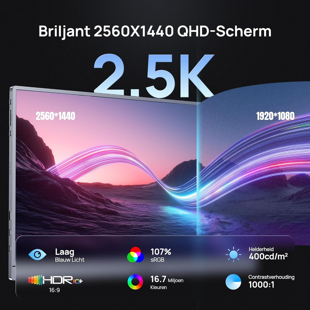 ARZOPA 16.1" Portable Monitor 2.5K QHD 180Hz Gaming - 2560×1440, 107% sRGB, HDR10 - With Built-in Stand & Protective Case - Compatible with PS5, Xbox, Switch, PC and Mac - Space Grey - QUORE
