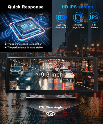 Podofo draagbaar draadloos carplay screen met 2K dashcam voor-en HD-achteruitrijcamera, 9,3-inch draadloos autospel Android Auto touchscreen-display met Bluetooth/GPS/Siri/FM/AUX/64G TF-kaart