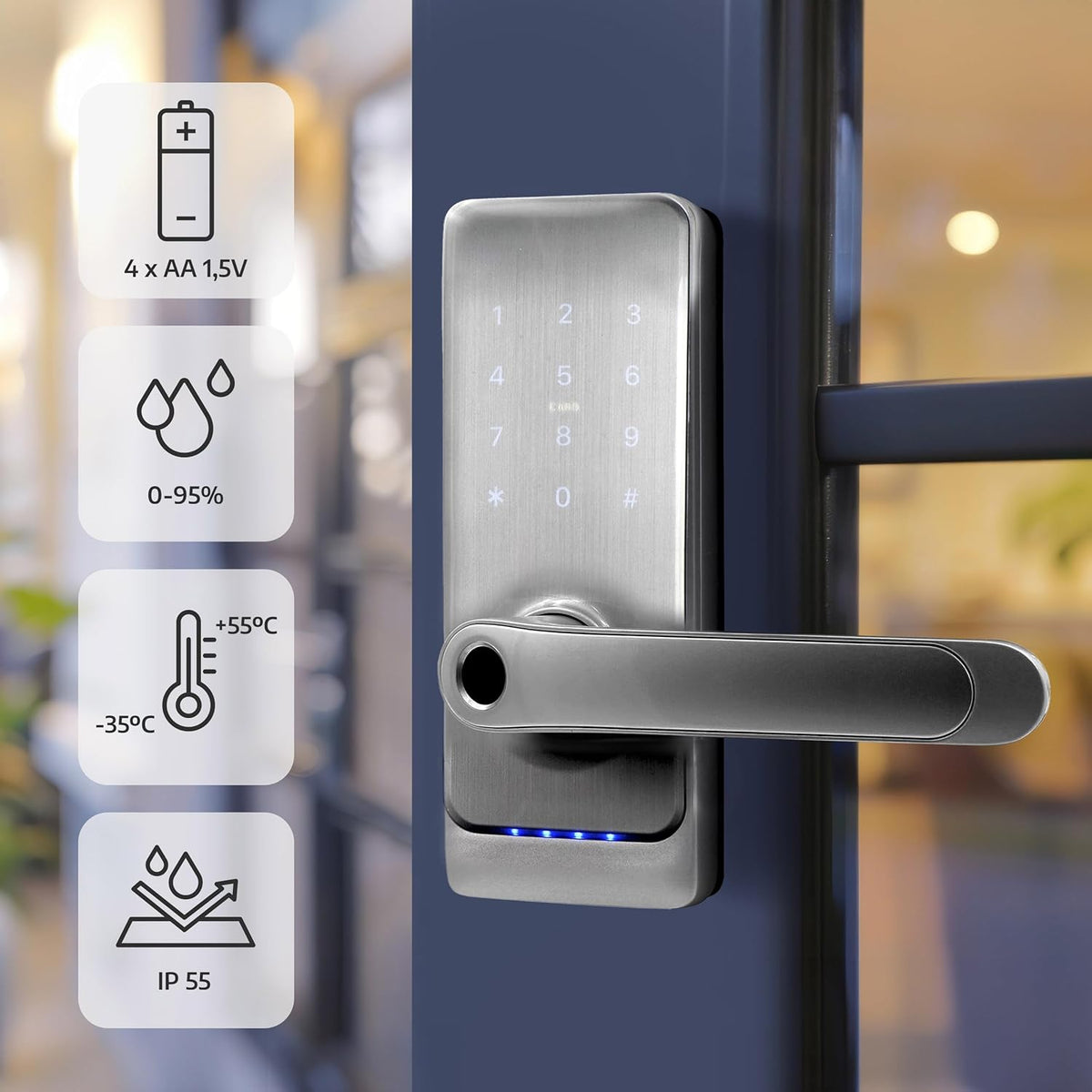EURA ELH-01H4 Smart deurslot met handgreep, codeslot, 13,56 MHz nabijheidslezer, biometrische lezer, app TTLock/TTHotel, IP65, universele grendel, wit