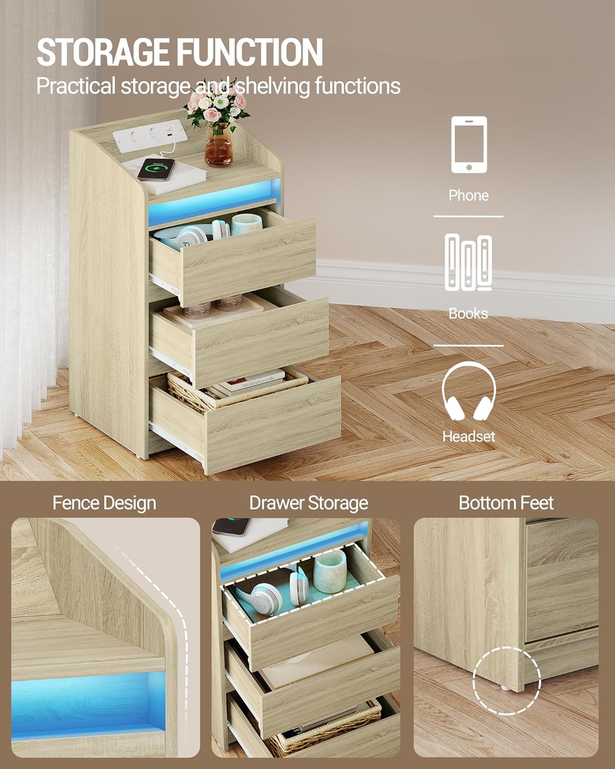 Hzuaneri Bedside Table Set of 2 with 3 Drawers, Side Table with Charging Base and LED, 2 AC Sockets and 2 USB Ports for Bedroom, Living Room, Oak Colors NS40116X