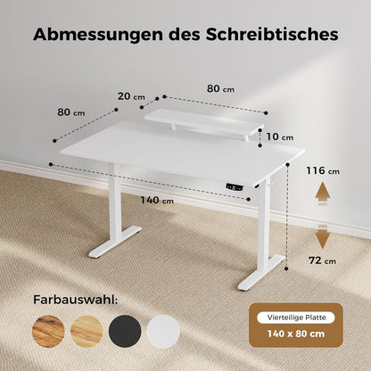 Agilestic Elektrisch in hoogte verstelbaar bureau, 140 x 80 cm, met beweegbare monitorstandaard, sta bureau met 2 geheugentoetsen, 4-delig tafelblad, thuiskantoorbureau, wit