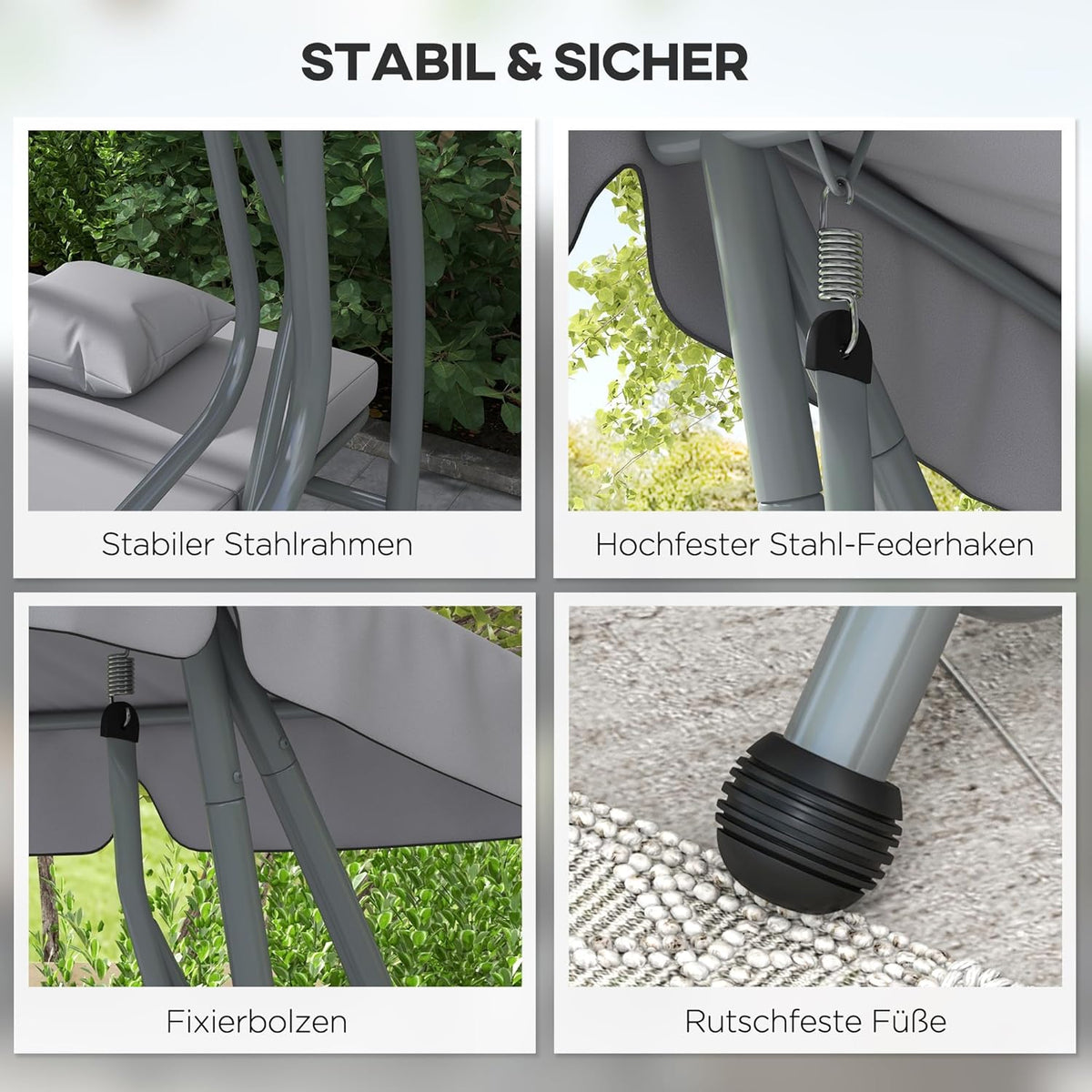 Outsunny Swing Bench, 3-Seater Garden Swing with Adjustable Roof, Cushion, Swing with Reclining Function, Folding Side Table, up to 340 kg, for Garden, Balcony, Light Grey - QUORE