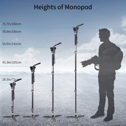 Monopod – Videomonopod – Cameramonopod – Camerastatief – Videostatief – Fluid Head Met 360° Pan En -52° Tot +91° Kanteling – Aluminiumlegering, 182 Cm Hoog En 10 Kg Draagvermogen