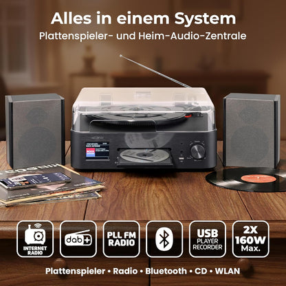 Reflexion Draaitafel met luidspreker en wifi, retro hifi-installatie met DAB+, internetradio, bluetooth, cd, USB-mp3-opname, kleurendisplay, wekker en slaaptimer, compleet systeem incl