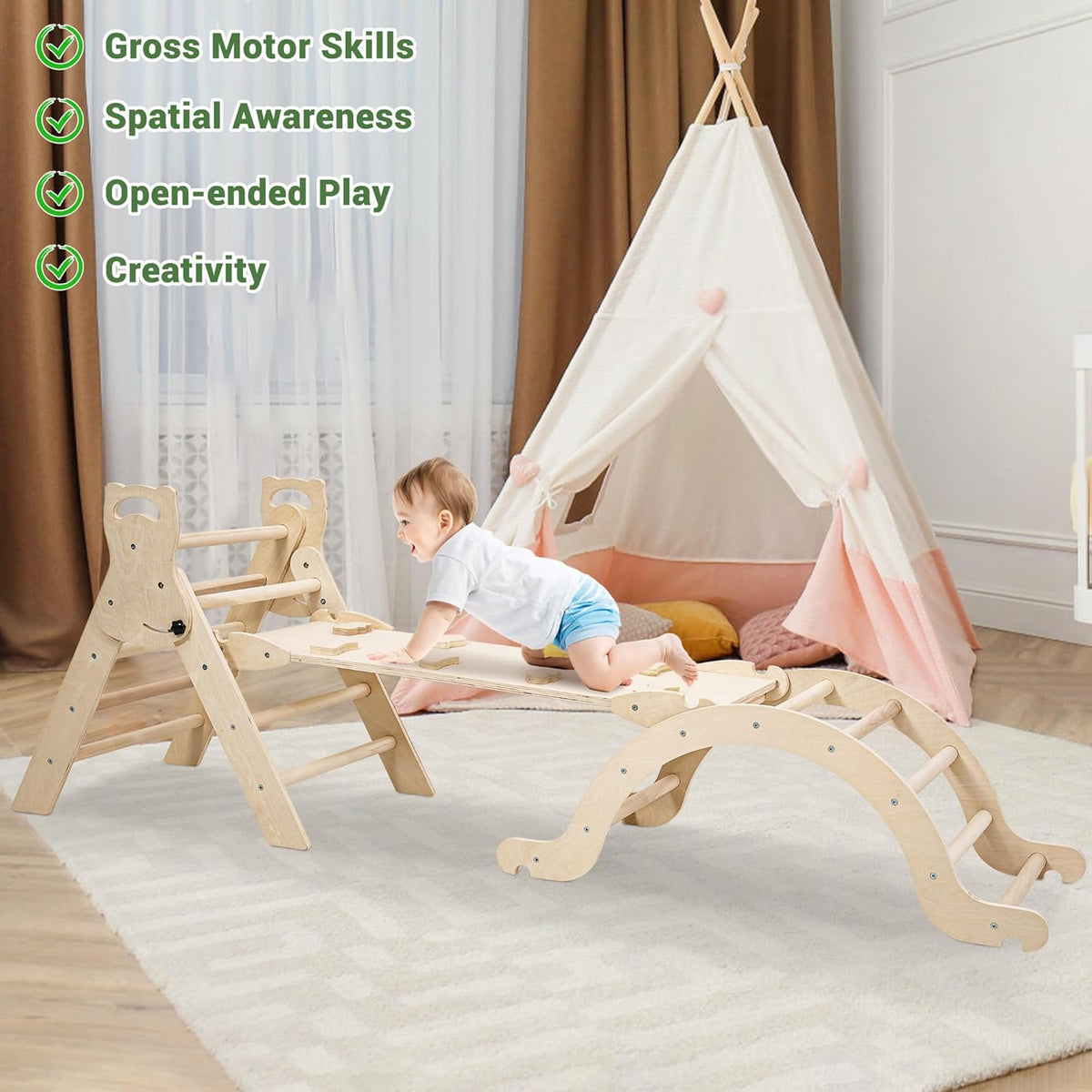 Peuter klimframe voor peuters leeftijd 1 2 3 4 5, indoor kinderen houten klimframe met glijbaan driehoek klimboog en kussen Montessori speelgoed peuter kind gym - medium (natuurlijk en ongeverfd)