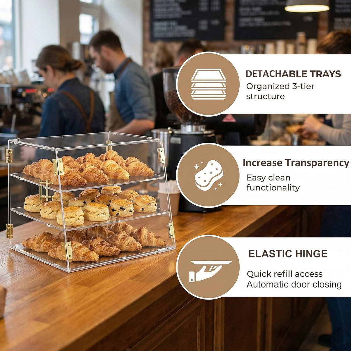 3 Dienblad Aanrecht Bakkerij Vitrine met Elastische Auto-Deur, 53,1 cm x 43,2 cm x 43,2 cm Commerciële Gebak Brood Voedsel Vitrine Opbergdoos voor Donut Taart Bagels Koekje