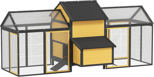 PawHut Hühnerstall aus Holz Hühnerhaus mit Nistkasten Geflügelstall mit Rampe, Gehege für Hühner Doppel-Laufstall mit Tablett, Gelb, 247 x 125 x 113.5 cm - QUORE