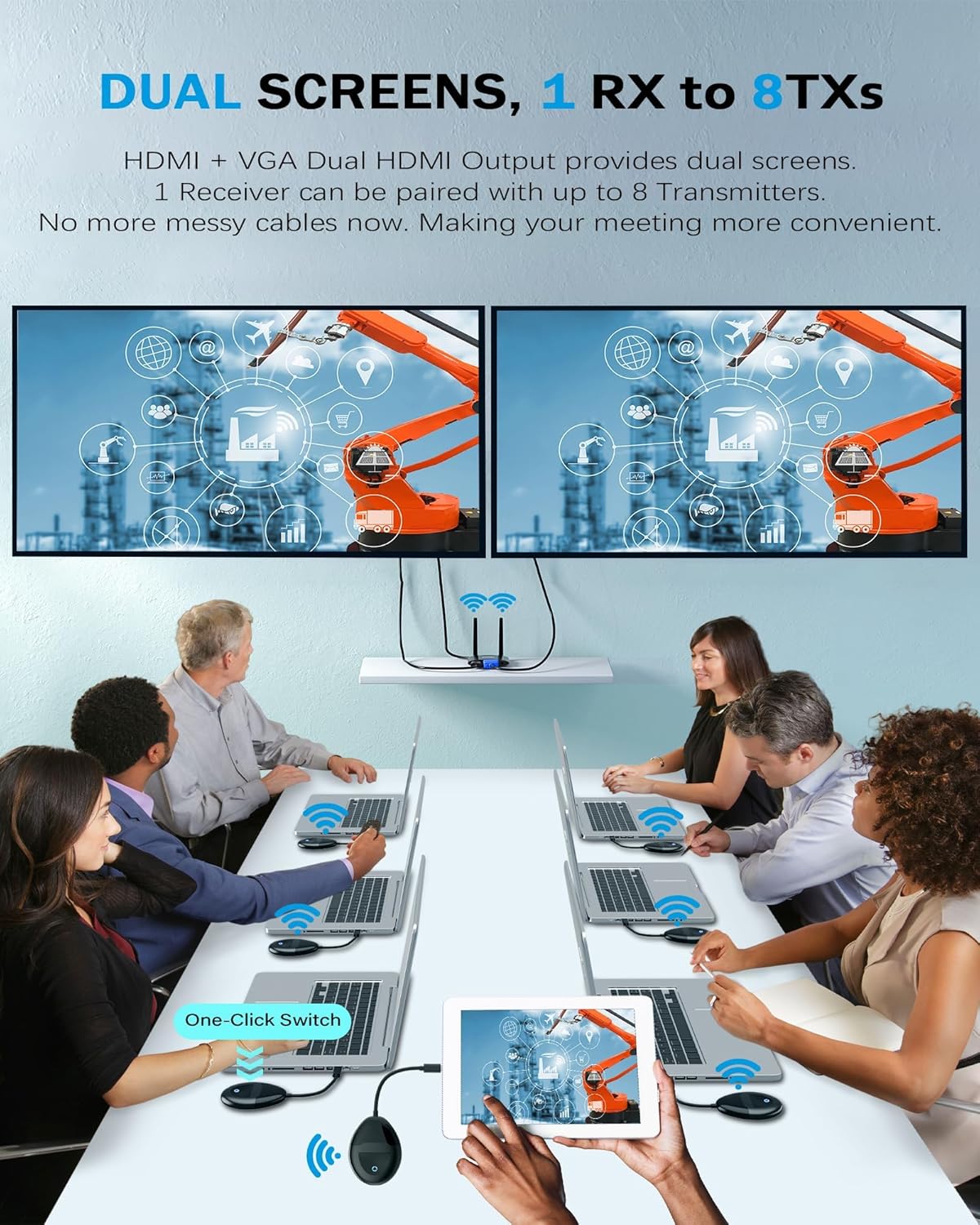 Wireless HDMI transmitter and receiver kit for flawless video/audio streaming at home, in the office, in the classroom, and on portable devices.