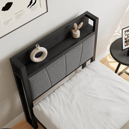 91 cm eenpersoonsbedframe met opberghoofdeinde, zwaar metalen gestoffeerd platformbedframe, matrasstichting/sterke stalen lattenondersteuning/opslag onder bed/eenvoudige montage/zwart