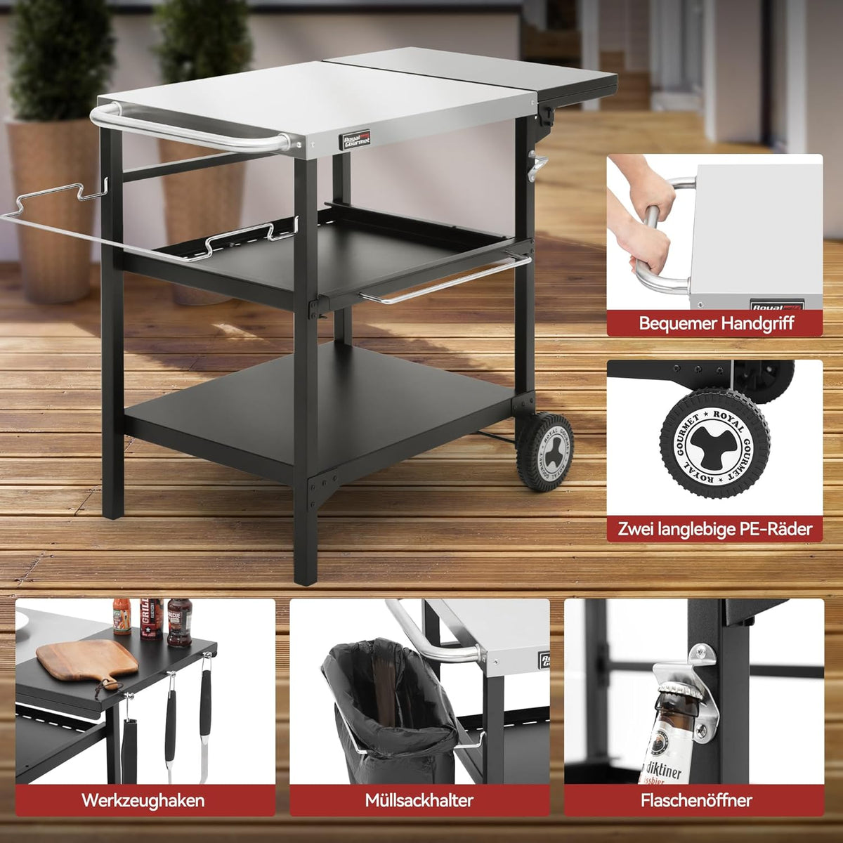 Royal Gourmet Outdoor grilltafel, 3 etages, serveerwagen met 70 x 50 cm roestvrij stalen tafelblad en 30 x 50 cm inklapbaar zijplank, bijzettafel, barbecuetafel, tuintrolley met push-pull-rek