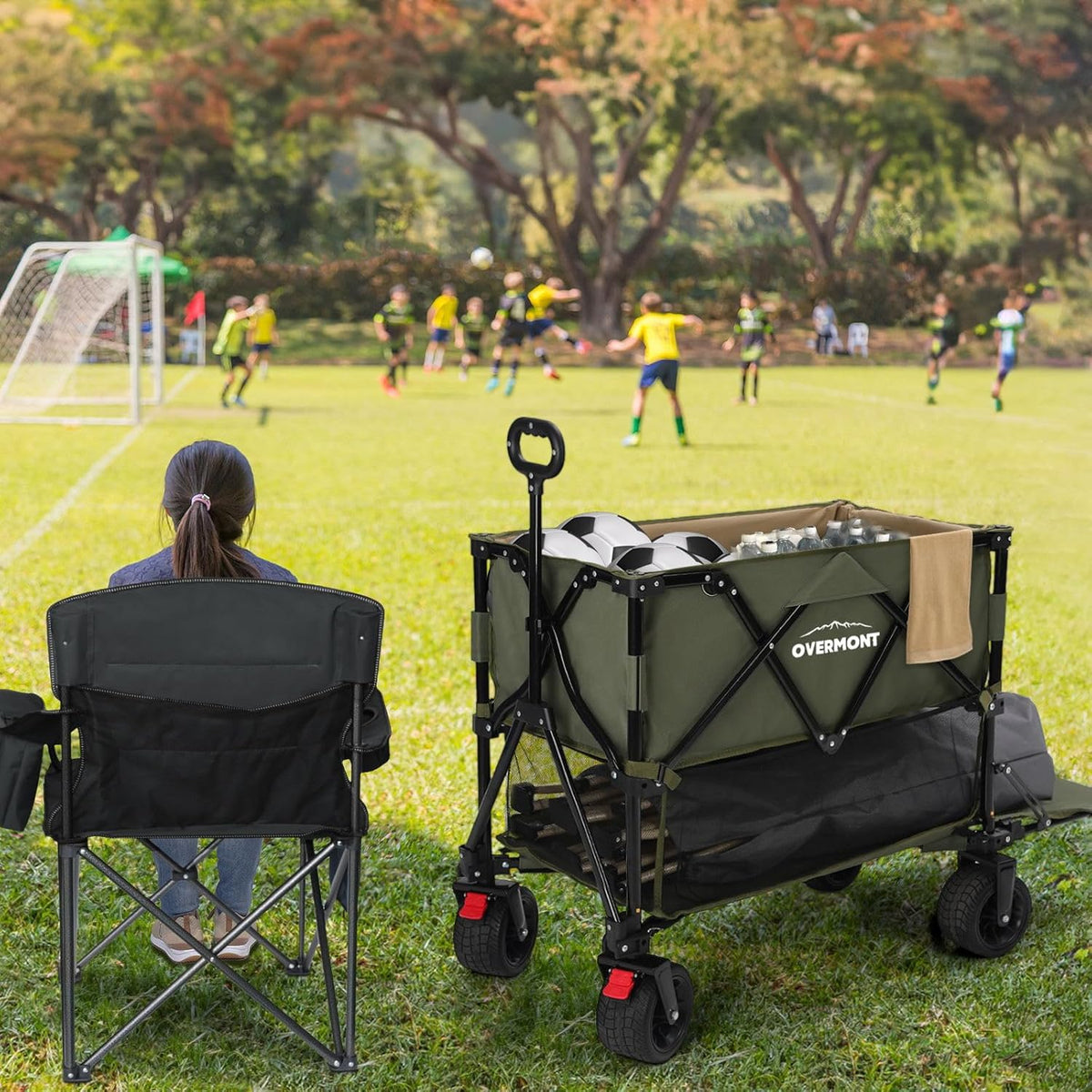 Overmont 400L Opvouwbare dubbeldekker Wagon - All-Terrain Afneembare Grote Wielen 200kg Capaciteit Opvouwbare Festivalwagen voor Camping Sport Winkelen Tuin en Strand Groen