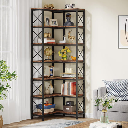 Tribesigns Corner Bookcase, Tall Bookshelf, Industrial Large Corner Shelf, Floor Standing Corner Shelf, Metal Frame Storage Rack for Living Room, Home, Office (7 Shelves)