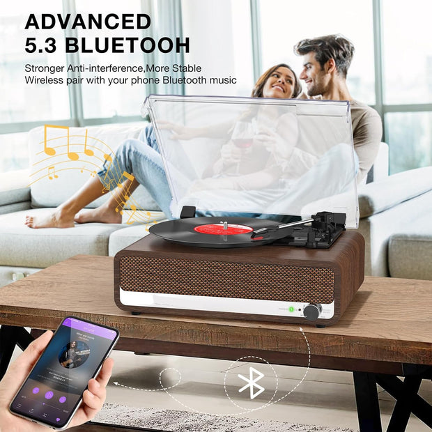 Platenspeler - Geïntegreerde Luidsprekers - Vintage Fonograaf - met Bluetooth-Riemaandrijving - 3 snelheden - voor Muziekgenot - Woondecoratie - Hout - Walnoot