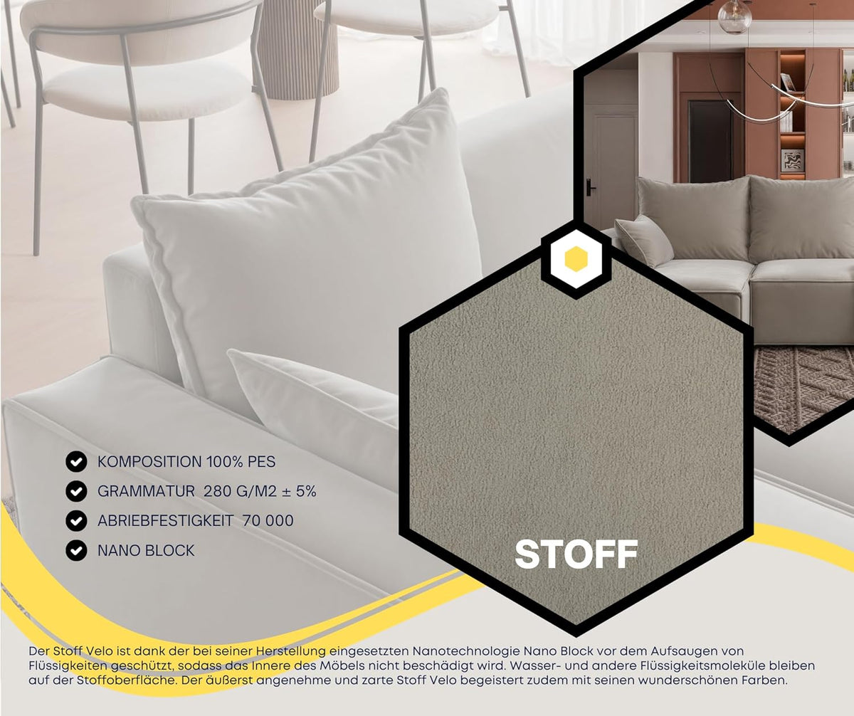 Corner sofa with sleeping function Tobi 246x145 cm - Sofa with bed drawer - corner sofa - L-shape - sofa bed - sofa bed with drawer - universal (Velo 623 Cappuccino) - QUORE