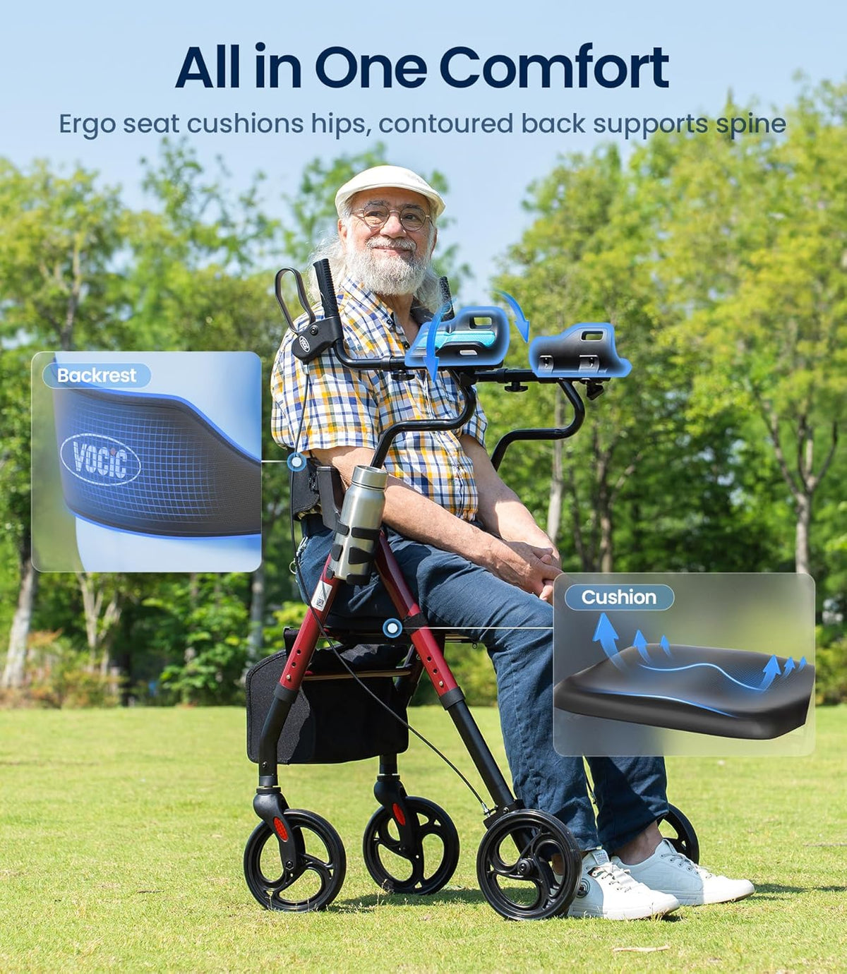 VOCIC Z22 GelCool Rollator Opvouwbaar en licht met zitting, met onderarmsteunen en verstelbare armleuningen, rollatoren voor senioren met comfortabele pasvorm, tot 136 kg, beker- en stokhouder