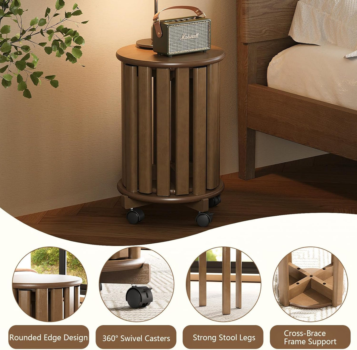 Stapelbare bamboe kruk met wielen, 4-in-1 set stapelkruk, bijzettafel en zitkruk, 46 cm hoogte, eetkamerstoelen, zonder montage, voor keuken, woonkamer, slaapkamer, walnoot