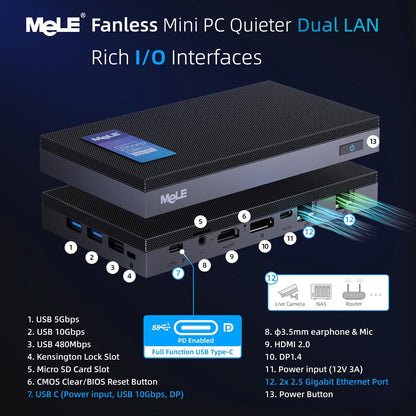 MeLE QuieterDL Fanless Mini PC 2.5Gb Dual LAN Twin Lake N150 (tot 3.6GHz) 4GB DDR4 128GB ROM Windows 11 Home Micro PC USB-C HDMI2.0+DP1.4 Drievoudig beeldscherm Desktop Computers