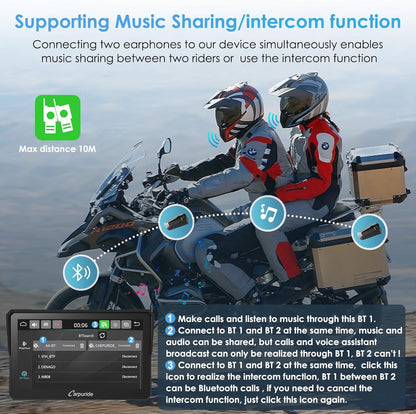 Carpuride W702 Pro motorfiets Carplay scherm met intercomfunctie, draadloze CarPlay en Android auto, draagbaar waterdicht 7 inch touchscreen, verbeterde dual bluetooth, navigatie, kompas.