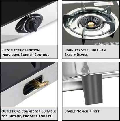 NJ NGB-S2 Indoor Gasfornuis - 2 Pits Draagbare Gaskookplaat LPG Fornuis Kookplaat voor Caravan Zwart Glas Vrijstaand Tafelblad voor Thuis Keuken Camping Tuin Catering 6.8kW