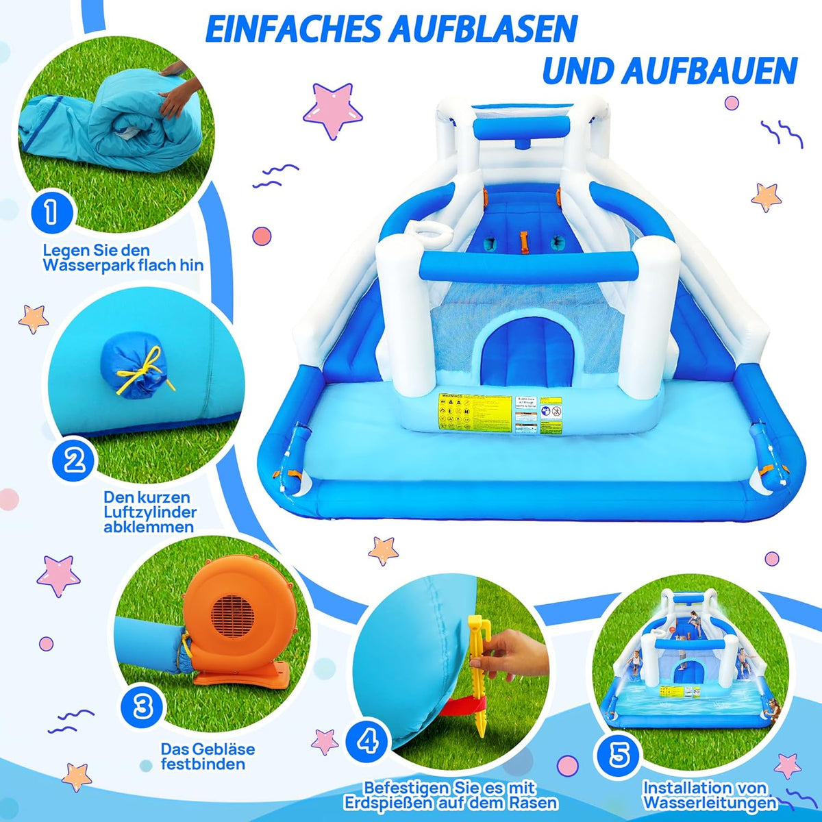 Opblaasbaar waterspeelpark, springkasteel met waterglijbaan, trampoline, basketbalkorf en 2 waterpistolen, outdoor springkasteel voor kinderen, geschikt voor tuin en feest - QUORE