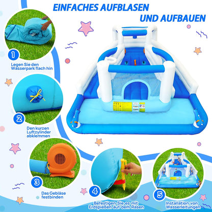 Opblaasbaar waterspeelpark, springkasteel met waterglijbaan, trampoline, basketbalkorf en 2 waterpistolen, outdoor springkasteel voor kinderen, geschikt voor tuin en feest - QUORE