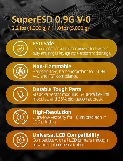 <font dir="auto" style="vertical-align: inherit;"><font dir="auto" style="vertical-align: inherit;">        SuperESD 0.9GPa UL94 V-0 Resin for 3D Printers, Electrostatic Discharge Safe and Flame Retardant Parts, Made in Korea (1000g, Black)       </font><