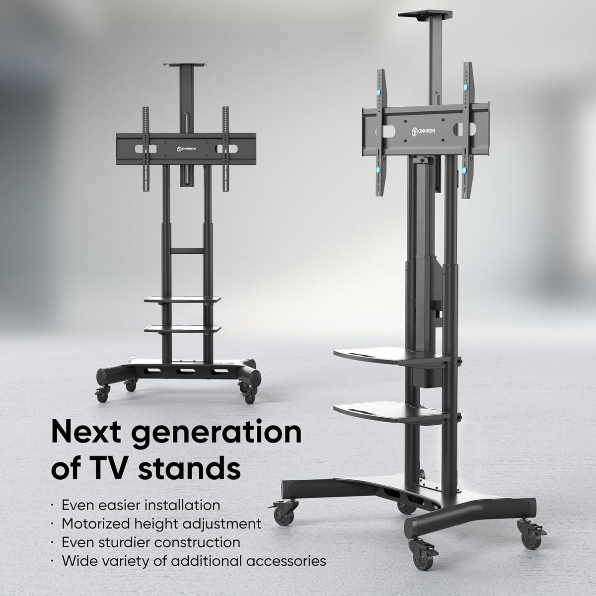 ONKRON Gemotoriseerde TV Beugel op Wielen voor 50" - 86" Scherm, Mobiele TV Standaard met TV Lift tot 90.9 kg - Vloerstandaard Televisie Lift Max VESA 800x500/TV Lift Elektrische Kast TS1881E-B Zwart