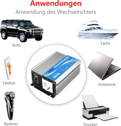 600 W omvormer, zuivere sinus, spanningsomvormer, 12 V naar 230 V, power inverter met afstandsbediening en USB-aansluiting voor laptop, camera, smartphone, GIANDEL zilver
