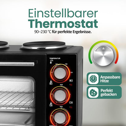 EMERIO MO-125236.4 Oven met 32 liter + 2 kookplaten | hete lucht + boven-/onderwarmte | timer + temperatuurregelaar | incl. bakplaat & grillrooster | compacte tafeloven voor pizza, broodjes