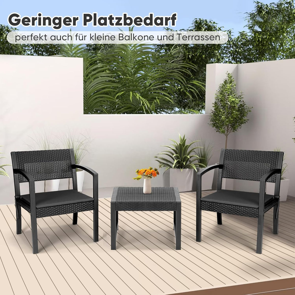 Sekey Balkonmeubelset, 3-delige tuinmeubelset van PE-polyrotan, weerbestendig, tafel en 2 stoelen met zitkussen, zitgroep, loungeset, terrasmeubel voor terras, balkon, tuin, antraciet