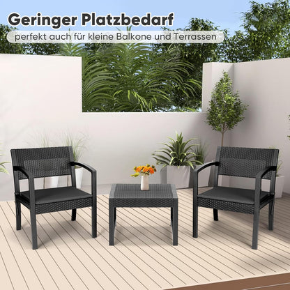 Sekey Balkonmeubelset, 3-delige tuinmeubelset van PE-polyrotan, weerbestendig, tafel en 2 stoelen met zitkussen, zitgroep, loungeset, terrasmeubel voor terras, balkon, tuin, antraciet