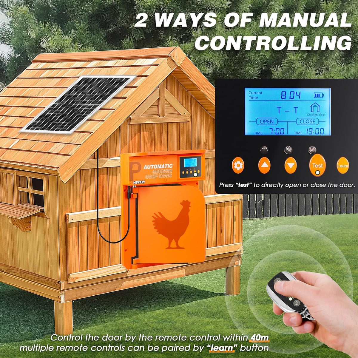 NEWTRY Automatic Chicken Door Opener with Timer and Light Sensor, 10 W, Solar Powered with Remote Control, 40 m - QUORE