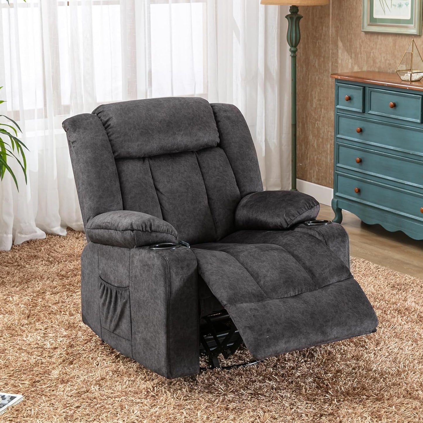 Relaxstoel – Verstelbare Fauteuil – Ligstoel – Loungechair – Draaifauteuil – Met Voetensteun – Ademend Stof – Met Bekerhouders en Opbergruimte – Grijs