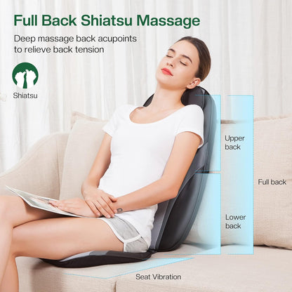 Snailax Shiatsu massagestoelkussen, massagekussen voor nek en schouder, rugmassageapparaat met warmte- en vibratiefunctie, massagestoel, cadeaus voor mannen en vrouwen
